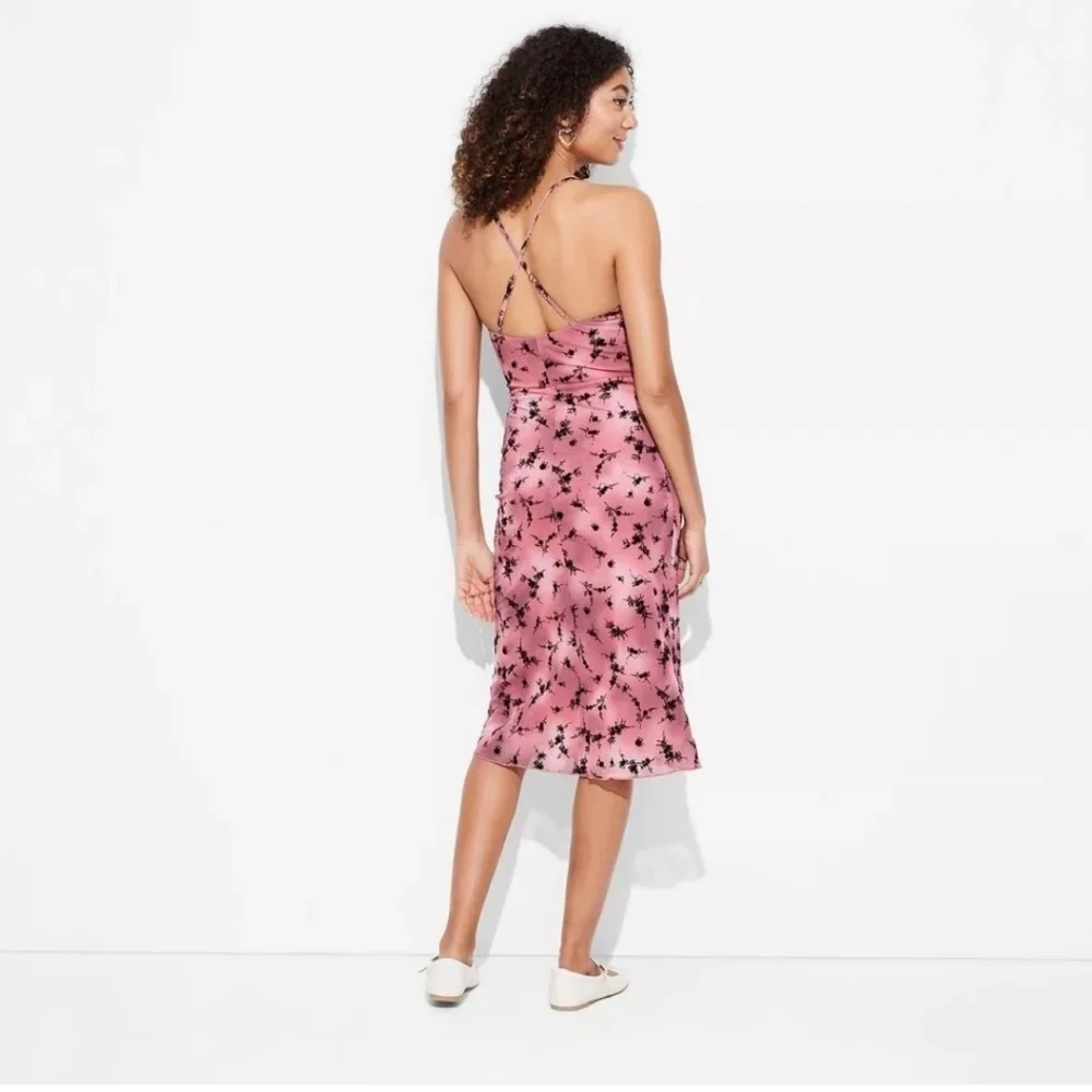 Women's Flocked Mesh Midi Slip Dress-Wild Fable Pink/Black Floral CrissCross XXL